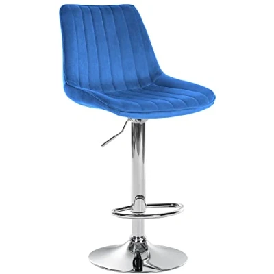 Abbildung von CLP Barhocker Toni Samt Höhenverstellbarer Thekenhocker mit Rückenlehne Barstuhl Metallgestell, Farbe:blau, Gestell Farbe:Chrom