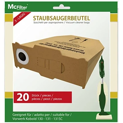 Abbildung von McFilter 20 Staubsaugerbeutel geeignet für Staubsauger Vorwerk Kobold 130, 131 und SC Modelle, extra starke Deckscheibe mit Gummidichtung starkem Flansch
