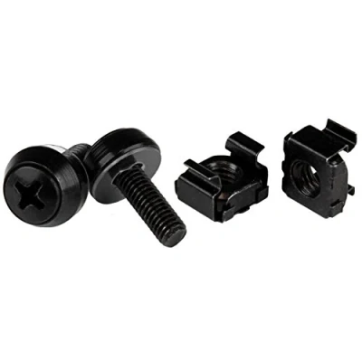 Abbildung von StarTech.com 50 Stück 10 32 Server Rack Käfigmuttern und Schrauben mit Unterlegscheiben Montagematerial Clip/Muttern für quadratische Löcher Schwarz TAA (CABSCREW1032)