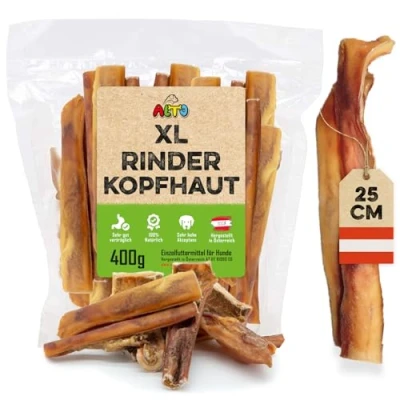 Abbildung von ALTO Premium Rinderkopfhaut für große Hunde 25cm Stücke Kauartikel groß Hundeleckerli Zahnpflege Hund und Beschäftigung 400g