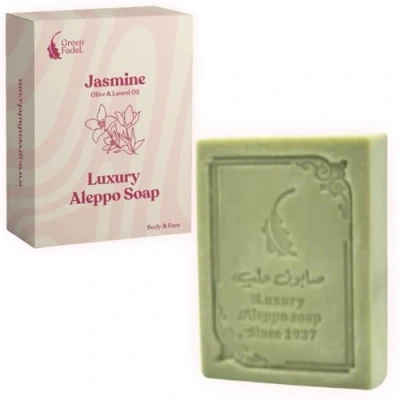 Abbildung von GREEN FADEL (Luxury) Aleppo Seife Original mit Jasmin Aroma, 1 Stück, Olivenöl &amp; Lorbeeröl, Olivenölseife, Naturseife, Luxury Soap, für Gesicht Körper