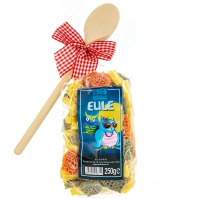 Abbildung von Bull &amp; Bear bunte Eulen Nudeln, 250g, Motivnudeln aus Hartweizengrieß, handgefertigt in deutscher Manufaktur, Pasta Geschenk, inkl. Holzlöffel