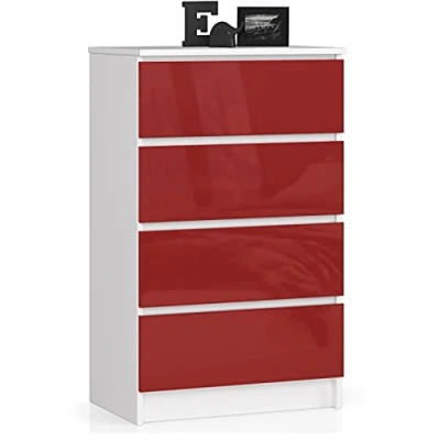 Abbildung von Home Collective Kommode in rot Hochglanz mit 4 geräumigen Schubladen, 60 cm breit, 99 hoch Schlafzimmer Flur Wohnzimmer Organizer Schubladen Holz Highboard Sideboard Schrank