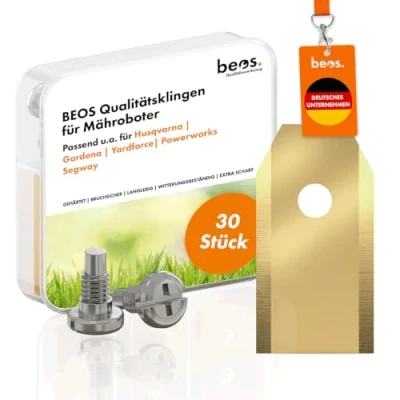 Abbildung von BEOS® 30 x Premium Titan Ersatzmesser + Schrauben Ersatzklingen für Premiummarken Husqvarna, Gardena, Segway, Yard Force, McCulloch, Powerworks 0,75 mm Blattstärke langes Rasenmäher Vergnügen