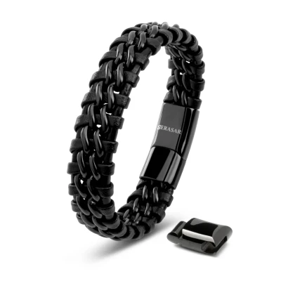 Abbildung von SERASAR Armband Herren 20cm Schwarz Männer Leder Armreif Lederband Herrenarmreif Armschmuck Schmuck Herrenschmuck Armkette Flecht Wickelarmband Kette Leather
