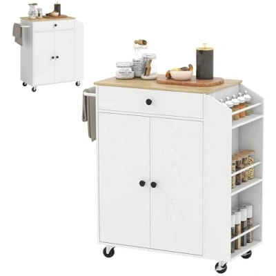 Abbildung von HOMCOM Servierwagen Kücheninsel mit Arbeitsplatte, Schublade, (Küchenschrank Rollbar, 1 St., Küchenwagen auf Rollen), Einlegeboden, Gewürzregal, Handtuchstange, Küchentrolley Weiß