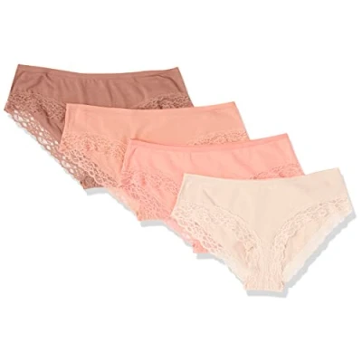 Abbildung von Amazon Essentials Damen Hipster Unterwäsche Baumwolle und Spitze, 4er Pack, Braun/Hellrosé/Lachsrosa, 38