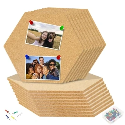 Abbildung von Gucass 18 Stück Pinnwand Kork, Sechseckige Korkplatte Selbstklebende Korkwand, DIY Filz mit 80 Bunt Pushpins, Dekorative Korktafel für Foto Hängen, Notizen, Heimdekoration und Büro Memorandum