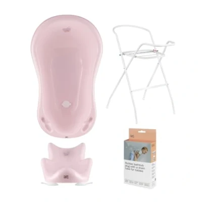 Abbildung von Hylat Baby Set: Stabile Babybadewanne mit Gestell, Badesitz und Abfluss TÜV Rheinland zertifiziert ideale Lösung für die tolle Badeerlebnisse Lite Kollektion Farbe: Rosa, Motiv: Hug Me