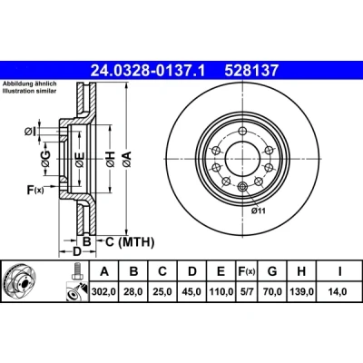Abbildung von ATE PowerDisc 24.0328 0137.1 Bremsscheibe 302,0 28,0 5 110,0 Belüftet beschichtet hochgekohlt mit Schrauben OPEL: Vectra C CC, Caravan