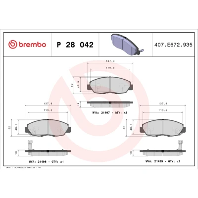 Abbildung von BREMBO P 28 042 Bremsbelagsatz mit akustischer Verschleißwarnung ohne Zubehör HONDA: ACCORD 4, CIVIC 8 Hatchback, Stufenheck