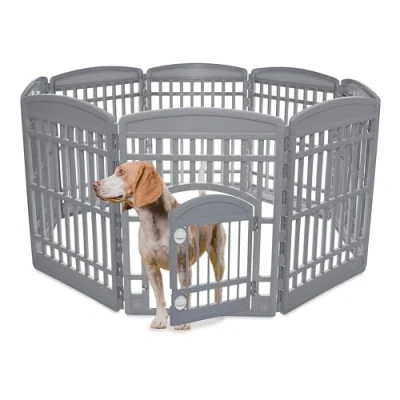 Abbildung von Iris Ohyama Welpenauslauf mit 8 Paneelen und abschließbarer Tür, H90cm, Grau, Katzengehege, Hundebox, Für Outdoor, Indoor, Welpenlaufstall, Hundezaun, Welpenzaun, Laufstall Hund, CI 908