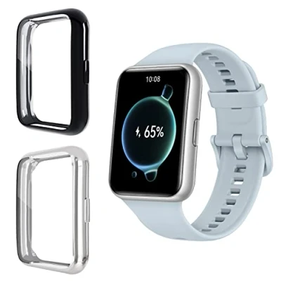 Abbildung von Onetuo Schutzhülle Kompatibel mit HUAWEI Watch FIT 2, Flexibles TPU Vollschutz schutzfolie Kratzfest Displayschutz Schutz Hülle Für 2 smartwatch (Schwarz+Silber)
