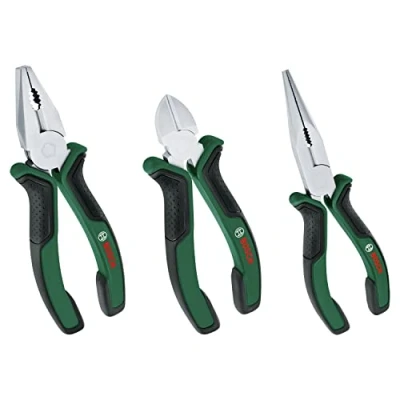 Abbildung von Bosch Zangen Set, 3 teilig (hochwertige, präzise, langlebige Kombizange, Diagonal Seitenschneider und Spitzzange für anspruchsvolle Aufgaben; matte Chrom Nickel Beschichtung) Amazon Edition