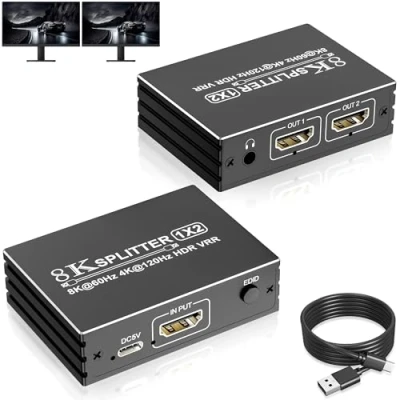 Abbildung von 8K@60Hz HDMI 2.1 Splitter 1 in 2 Out, 1x2 zu unterstützt Quelle auf Displays, 8K 4K Dual Monitore duplizieren Ultra HD HDR VRR für Xbox PS5/4/3 Roku TV