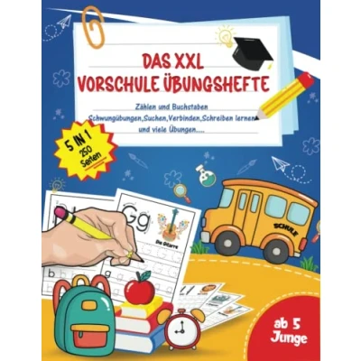 Abbildung von Vorschule Übungshefte ab 5 Junge: Das XXL Fahrzeuge Schwungübungen Jahren mit Buchstaben und Zahlen schreiben lernen Vorschulhefte 5,6 ... Suchbilder, Ausschneiden vieles mehr...