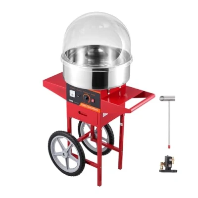 Abbildung von VEVOR Elektrische Zuckerwattemaschine mit Wagen, 1 kW kommerzielle Abdeckung, Edelstahlschüssel, Zuckerschaufel und Schublade, für Kindergeburtstage, Familienfeiern, Rot