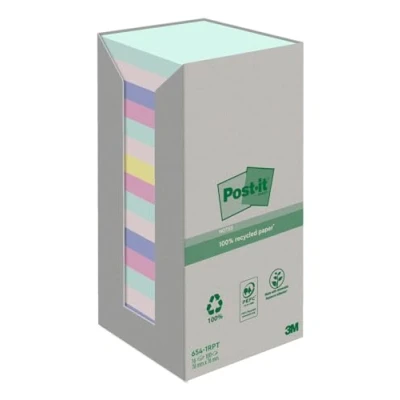 Abbildung von Post it Recycling Notes Assortierte Farben, Packung mit 16 Blöcken, 100 Blatt pro Block, 76 mm x mm, Farben: Grün, Pink, Gelb, Blau Selbstklebende Notizzettel aus 100% Recyclingpapier