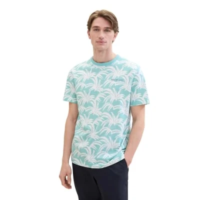 Abbildung von TOM TAILOR Herren Basic T Shirt mit Allover Print, turquoise white leaf design, S