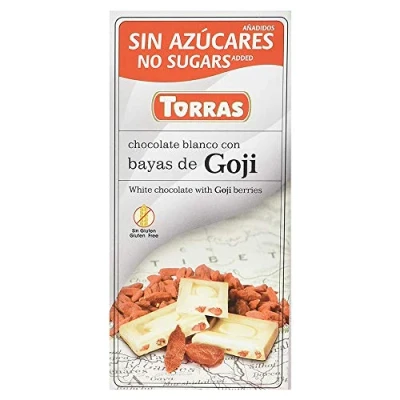Abbildung von Torras zuckerreduzierte Schokolade, Schokolade ohne Zuckerzusatz, Weiße mit Goji Beeren, Tafel (75g)