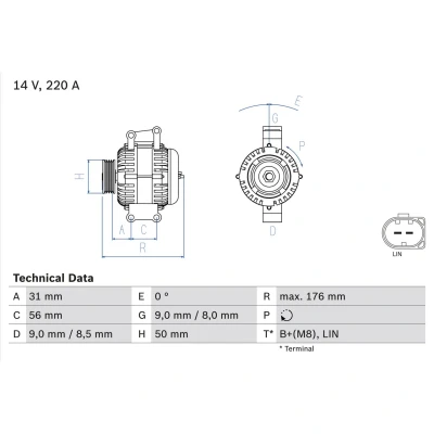 Abbildung von BOSCH 0 986 047 640 Lichtmaschine 14V 220A MERCEDES BENZ: E Klasse T modell, S Limousine, Sprinter 3.5 Kastenwagen