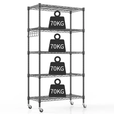 Abbildung von Himimi 5 Draht Regal mit Rollen, Metall Aufbewahrungsregal, höhenverstellbar, stehendes Aufbewahrungsregal für Waschküche, Badezimmer, Küche, Speisekammer, Schrank, 76 x 35 158 cm, Schwarz