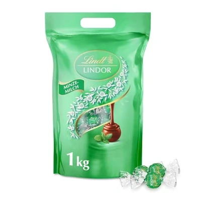Abbildung von Lindt LINDOR, Minze Milch Schokolade Kugeln Beutel, 1kg Beutel wiederverschließbar, ca. 80 Kugeln, Großpackung, Pralinen Geschenk, Schokoladengeschenk