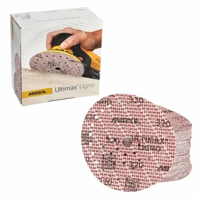Abbildung von Mirka Ultimax Ligno Ø 150mm Schleifscheiben Klett Multifit / Korn 320 100 Stück Multi Lochung zum Schleifen von Holzoberflächen