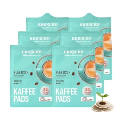 Abbildung von Eduscho Kaffeepads Vorratspack Maxi Packung, Klassisch, 192 Pads 6 x 32 Pads, vollmundig &amp; ausgewogen, für alle Pad Maschinen, industriell kompostierbar