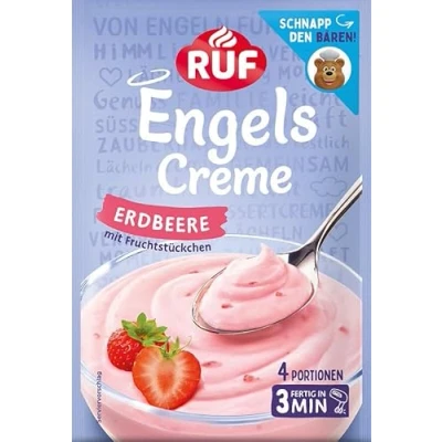 Abbildung von RUF Engels Creme Erdbeere, Dessertpulver für eine Dessertcreme mit Erdbeer Geschmack und Frucht Stückchen, 4 Portionen