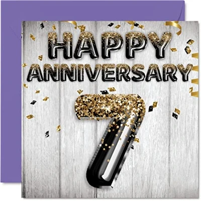 Abbildung von Tolle Kupfer Jubiläumskarte für Ehemann Freund Ehefrau Freundin schwarz goldene Glitzer Luftballons Happy 7th Anniversary Karten von Familie 145 mm x Grußkarten siebte Jubiläen