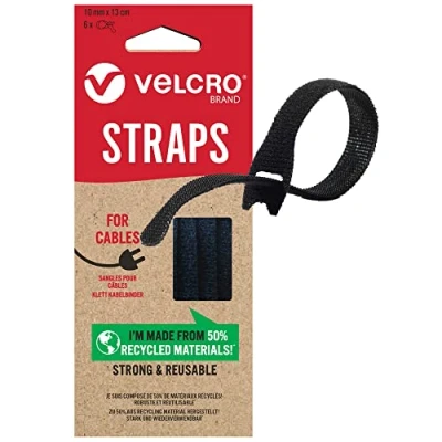 Abbildung von VELCRO Marke Eco One Wrap wiederverwendbare Bänder Wiederverwendbar, flexibel &amp; vielseitige Allzweck für Heimwerken Schwarz 10mm x 13cm Satz von 6 Stück