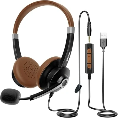 Abbildung von Arama USB Headset, Stereo PC Kopfhörer mit Mikrofon Noise Cancelling, USB/3,5mm Headset Handy für Laptop Computer Call Center Office Teams Telefonkonferenzen Zoom Skype Chat Online Kurse und Musik