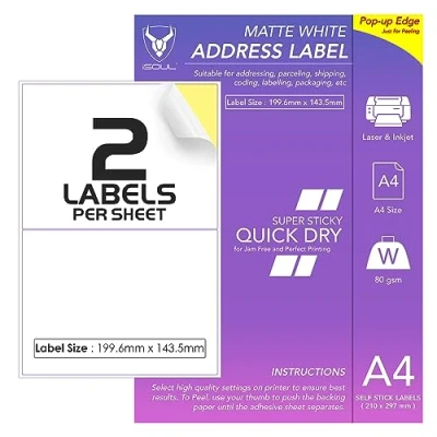 Abbildung von 2 Etiketten pro A4 Blatt, 50 100 Klebeetiketten, bedruckbares Aufkleberpapier, iSOUL matt, selbstklebend, für Adressversand, Versand, Porto, Laser und Tintenstrahldrucker kompatibel [QuickDry]