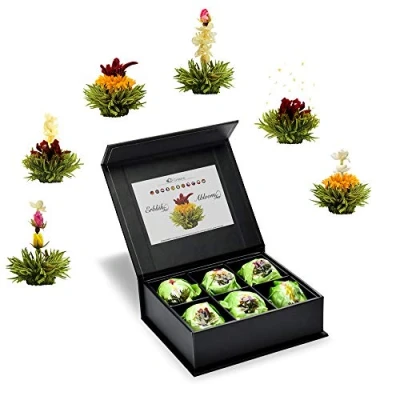 Abbildung von Creano 6 Teeblumen Geschenkbox grüner Tee in edler Magnetbox mit Silberprägung verschiedene Sorten Geschenk zu Weihnachten
