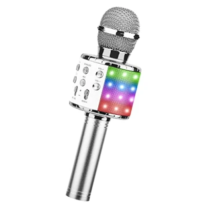 Abbildung von ShinePick Karaoke Mikrofon, kabellos, Bluetooth, tragbar, für Kinder/Erwachsene, Singen, kompatibel mit Android/iOS/PC/Smartphone (Silber)