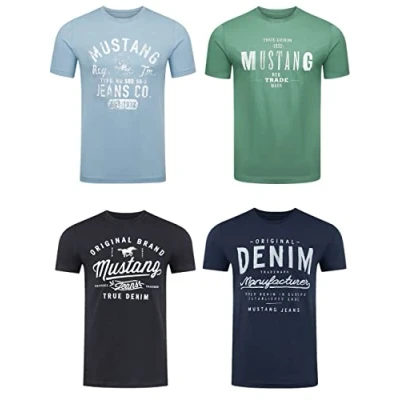 Abbildung von MUSTANG Herren T Shirt 4er Pack Frontprint O Neck Rundhalsausschnitt Kurzarm Regular Tee 100% Baumwolle Schwarz Weiß Grau Blau Grün, Größe:XL, Farbe:Farbmix (P21)