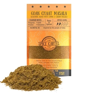 Abbildung von Gewürzkartellgoan Chaat Masala Gewürzmischung. Handwerksgewürzmischung inspiriert von den Menschen in Indien. 35G wiederverschließbarer Beutel. Hand gemacht mit Liebe Großbritannien.