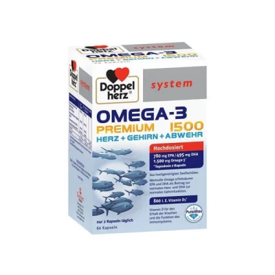 Abbildung von Doppelherz system Omega 3 Premium 1500 Hoher Gehalt an wertvollen Fettsäuren EPA und DHA als Beitrag zur normalen Herzfunktion 60 Kapseln
