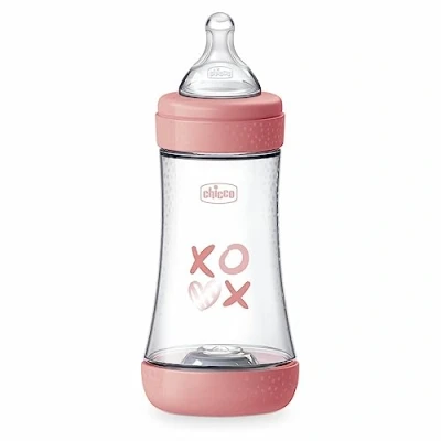 Abbildung von Chicco PERFECT 5 Anticolic Saugflasche 240 ml, Medium flow 2 Monate + mit weichem Silikonsauger, Biofunktionelle Intui System Rosa