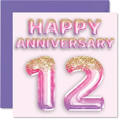 Abbildung von Stuff4 Hübsche Seiden Jubiläumskarte für Ehefrau, Freundin, Ehemann, Freund, rosa lila Glitzer Luftballons Happy 12th Anniversary Karten von Familie, 145 mm x Grußkarten zwölfte Jubiläen