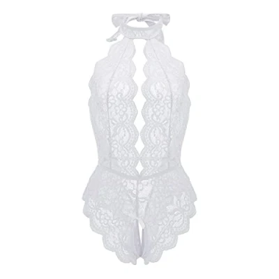 Abbildung von pitashe_Bekleidung Dessous Set Damen Tiefer V Ausschnitt Halfter Spitze Reizwäsche Negligee Babydoll Unregelmäßiger Hem Nachtwäsche Nachthemd Lingerie Nachtkleid G String Sleepwear, XL, Weiß