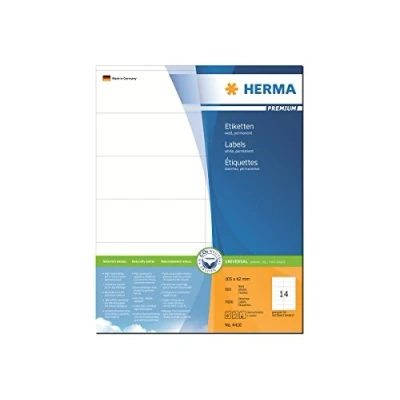 Abbildung von HERMA 4416 Universal Etiketten, 500 Blatt, 105 x 42 mm, 14 pro A4 Bogen, 7000 Stück, selbstklebend, bedruckbar, matt, blanko Papier Klebeetiketten Aufkleber, weiß
