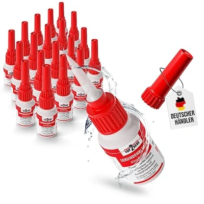 Abbildung von Sekundenkleber extra stark 20 x 20g hochfester Cyanacrylat Kleber wasserfest, dünnflüssig, hitzebeständig, Industriequalität Spezial Verschluss Top2Glue