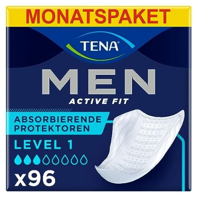 Abbildung von TENA Men Absorbent Protector Inkontinenzeinlagen, Level 1, für leichte Blasenschwäche, 96 Inkontinenzeinlagen (12 x 8 Packungen) Männer, speziell entwickelt , Länge 23 cm
