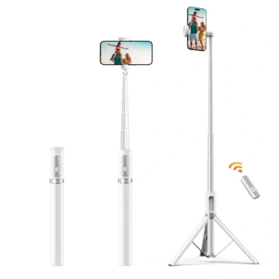 Abbildung von ATUMTEK Selfie Stick Stativ 157cm, Ausziehbares Aluminium Handy mit Bluetooth Fernbedienung, Kompatibel iPhone Samsung und Android Telefonen, Ideal für Videos Fotos, Weiß