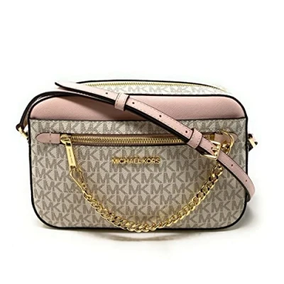 Abbildung von Michael Kors Jet Set East West Chain Crossbody Vanilla MK Powder Blush Pink Bundled with Card Holder in Ballet
