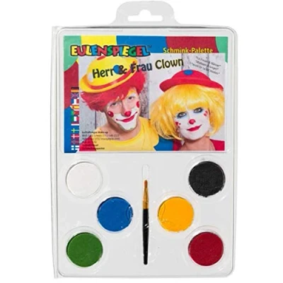 Abbildung von Eulenspiegel 206331 Schmink Palette Herr und Frau Clown, 6 x 3,5 ml Farbe, 1 Pinsel, Anleitung, Schminkfarben