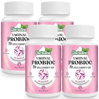 Abbildung von Cheroline Vaginal Probiotika für Frauen, 70 Milliarden KBE, 7 Stämme mit Prebioc Mischung, 13 in 1 Intimflora Probiotika, Vegane Kapseln (60 Stück (4er Pack))