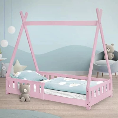 Abbildung von ML Design Kinderbett Tipi 80x160 cm Rosa mit Rausfallschutz und Lattenrost, aus Kiefernholz, Indianer Bett Massivholz für Mädchen, Hausbett Zaun, Kinderhaus Holzbett Jugendbett Spielbett Zelt